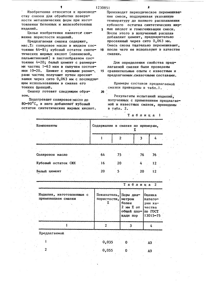 Смазка для металлических форм (патент 1230851)