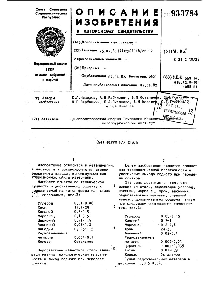 Ферритная сталь (патент 933784)