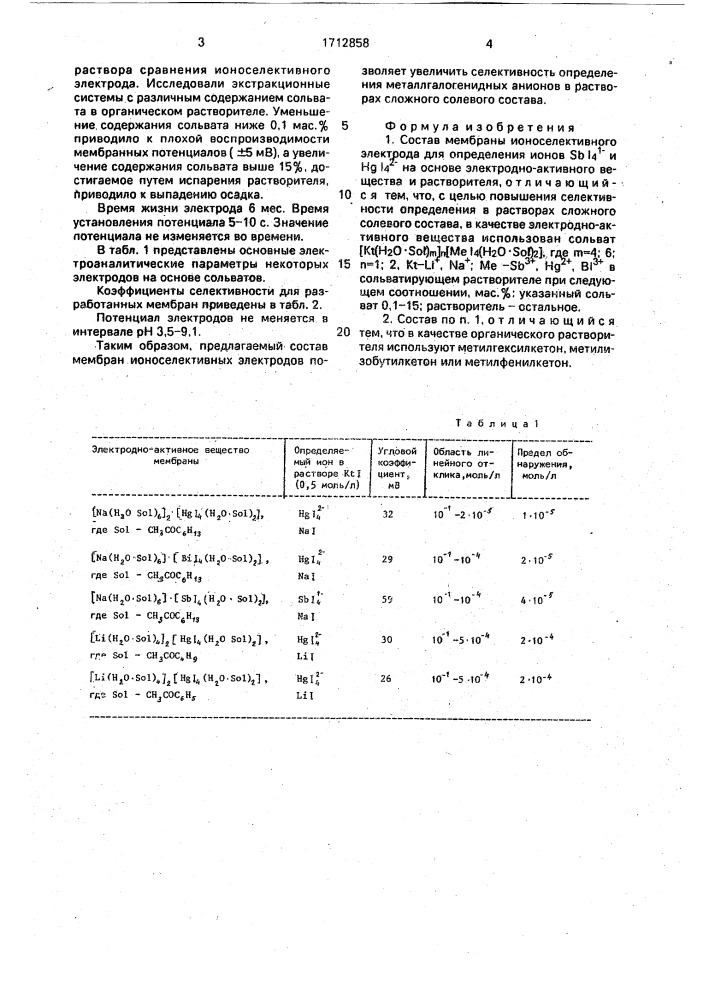 Состав мембраны ионоселективного электрода (патент 1712858)