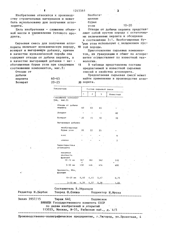 Сырьевая смесь для получения аглопорита (патент 1245561)