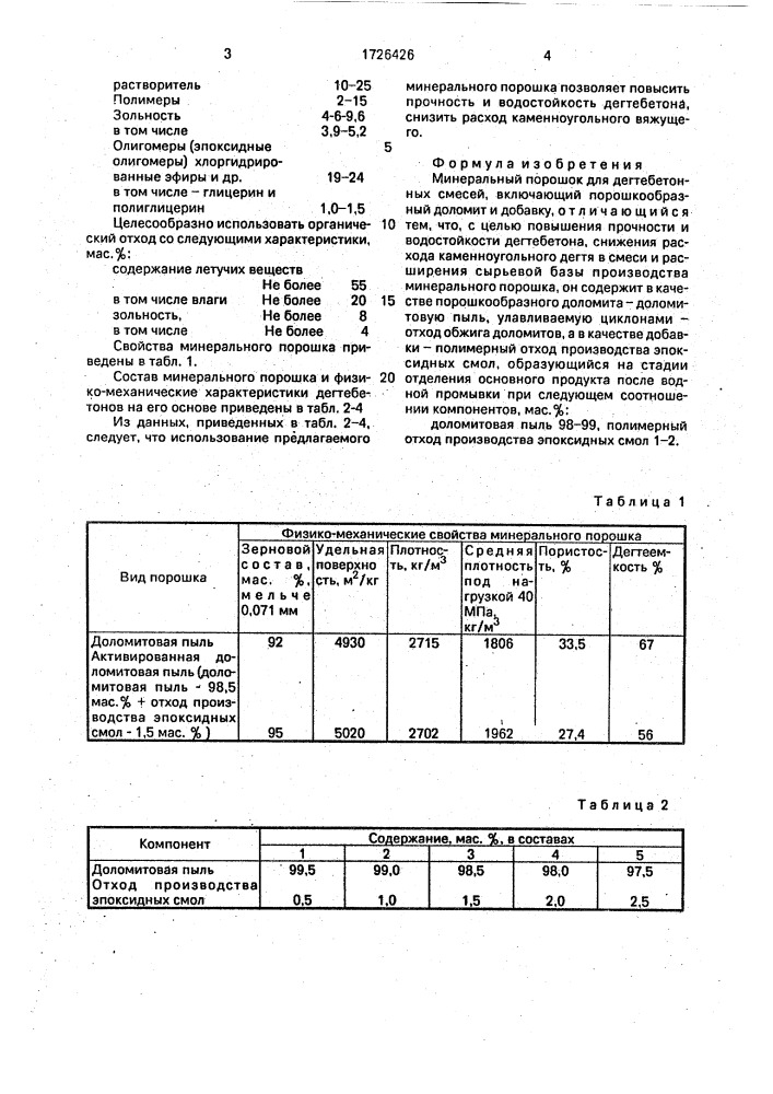 Минеральный порошок для дегтебетонных смесей (патент 1726426)