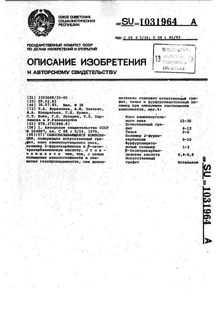 Самосмазывающаяся композиция (патент 1031964)