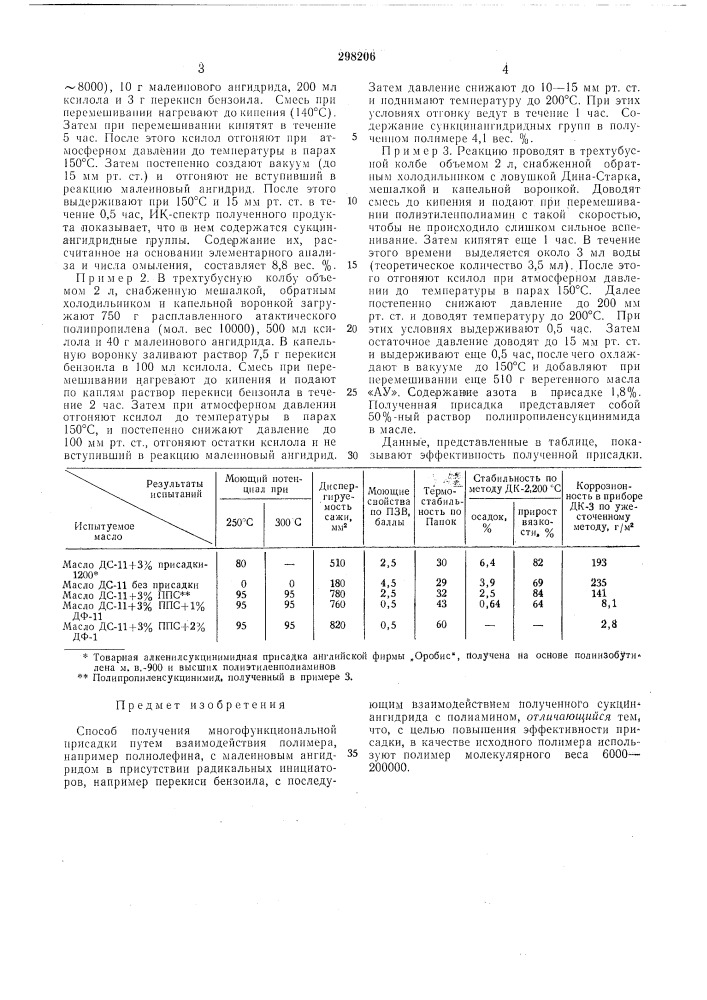 Способ получения многофункциональнойприсадки (патент 298206)
