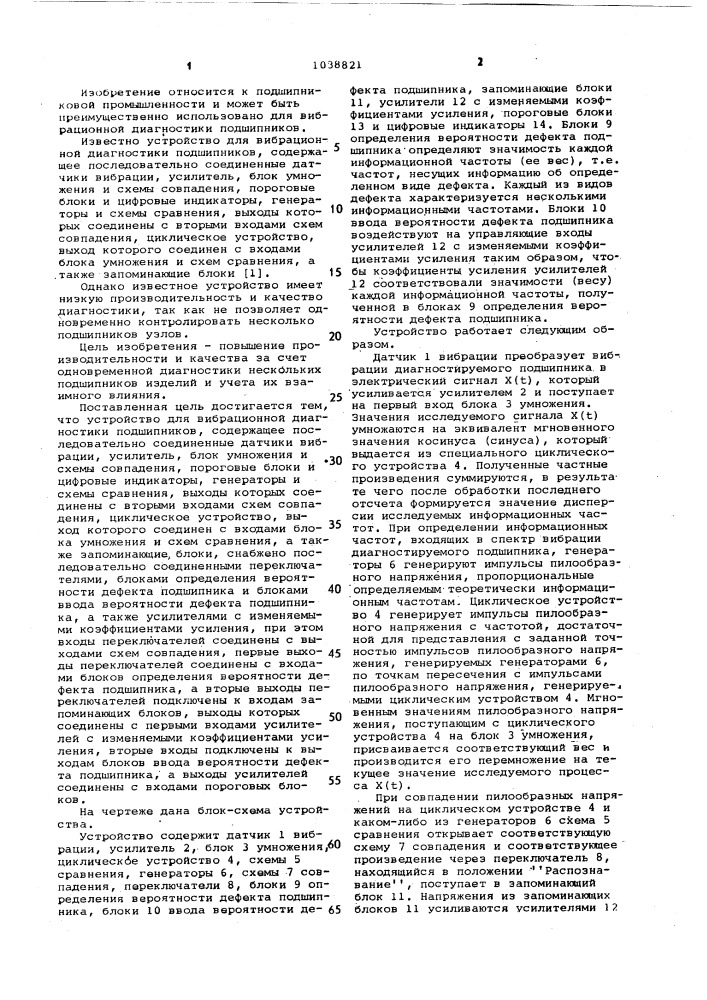 Устройство для вибрационной диагностики подшипников (патент 1038821)