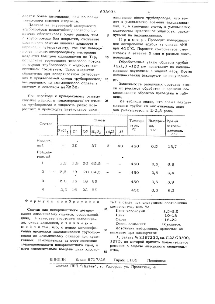 Состав для поверхностного легирования алюминиевых сплавов (патент 633931)