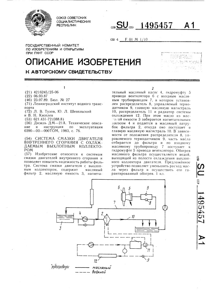Система смазки двигателя внутреннего сгорания с охлаждаемым выхлопным коллектором (патент 1495457)