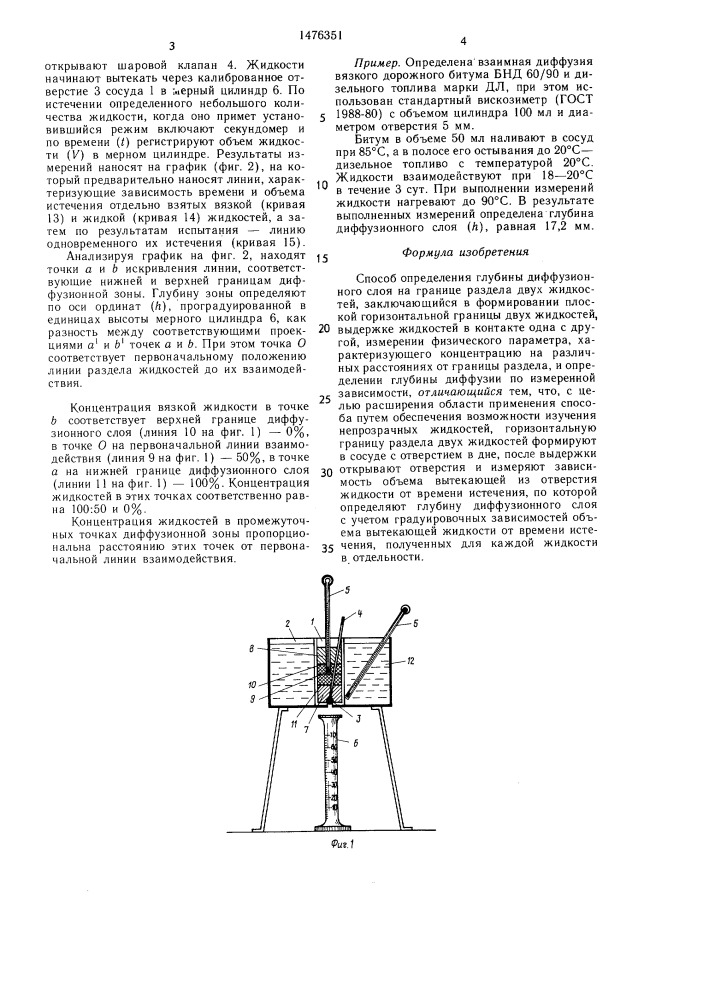 Способ определения глубины диффузионного слоя на границе раздела двух жидкостей (патент 1476351)