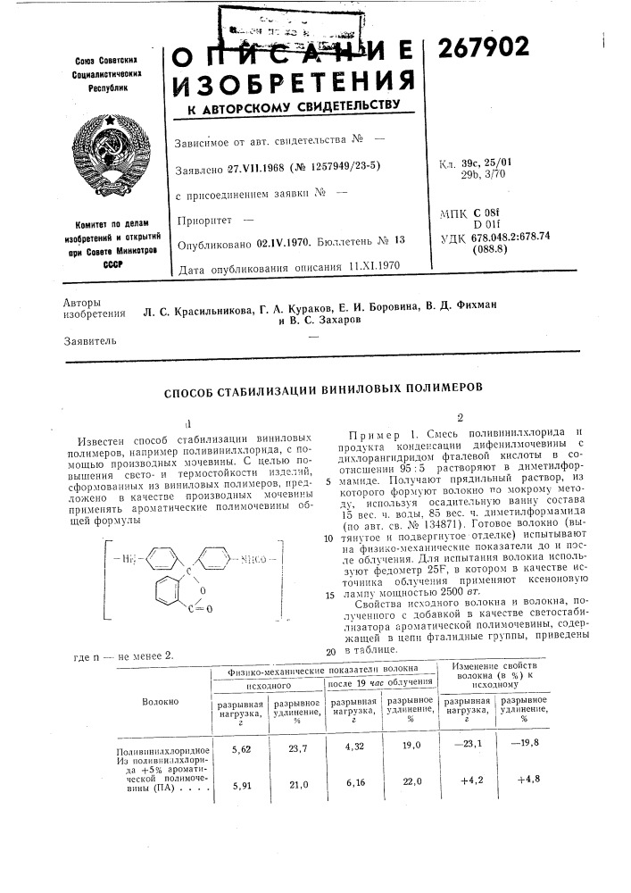 Способ стабилизации виниловых полимеров (патент 267902)