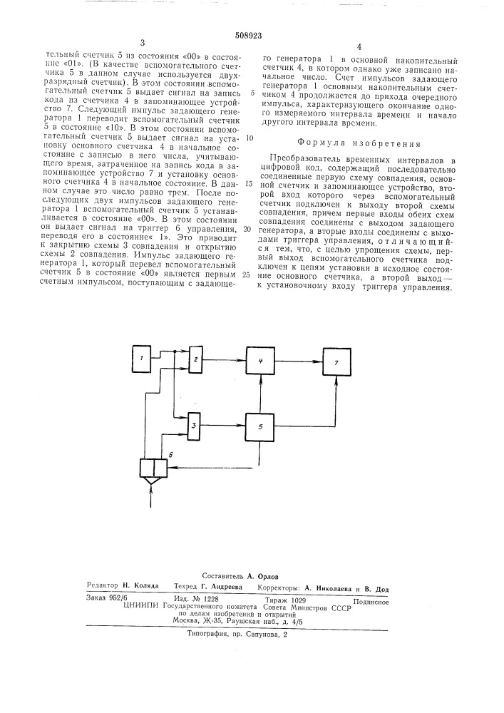 Преобразователь временных интерва-лов в цифровой код (патент 508923)