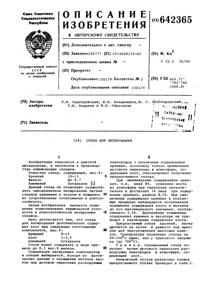 Сплав для легирования (патент 642365)