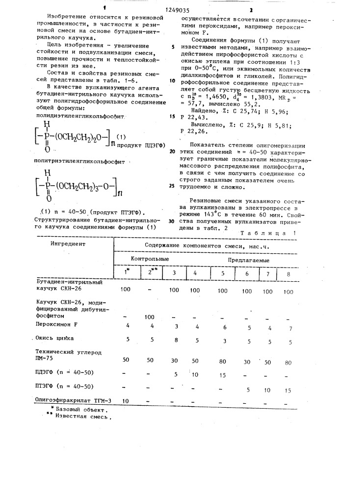 Резиновая смесь на основе бутадиеннитрильного каучука (патент 1249035)