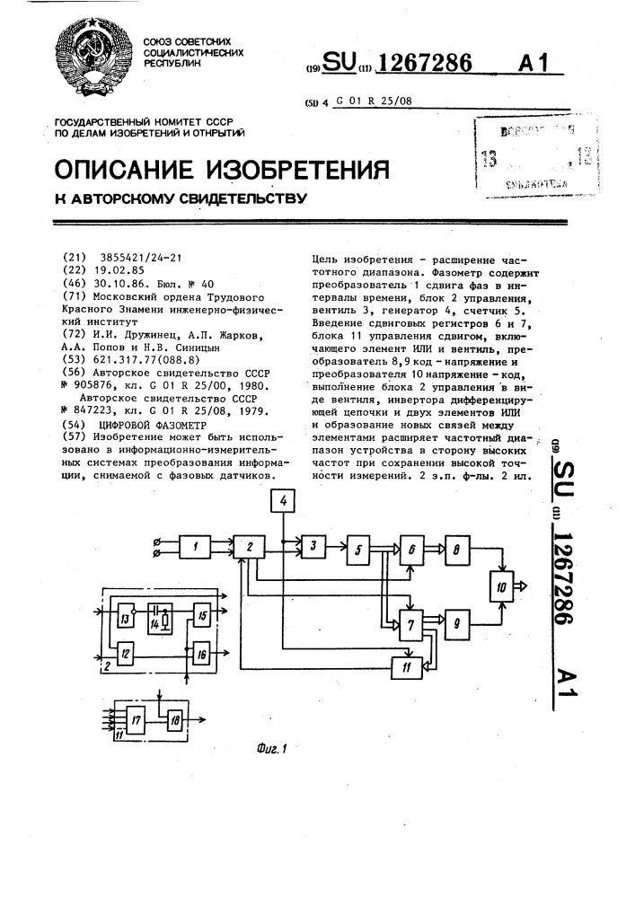 Цифровой фазометр (патент 1267286)