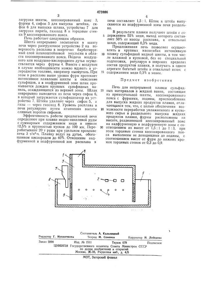 Печь для непрерывной плавки сульфидных материалов в жидкой ванне (патент 473886)