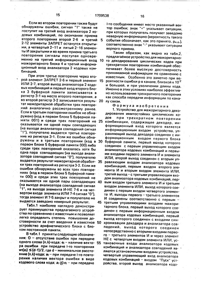 Устройство для мажоритарного декодирования имитостойких циклических кодов при трехкратном повторении комбинации (патент 1709538)
