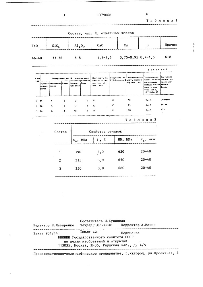 Смесь для изготовления литейных форм (патент 1379068)