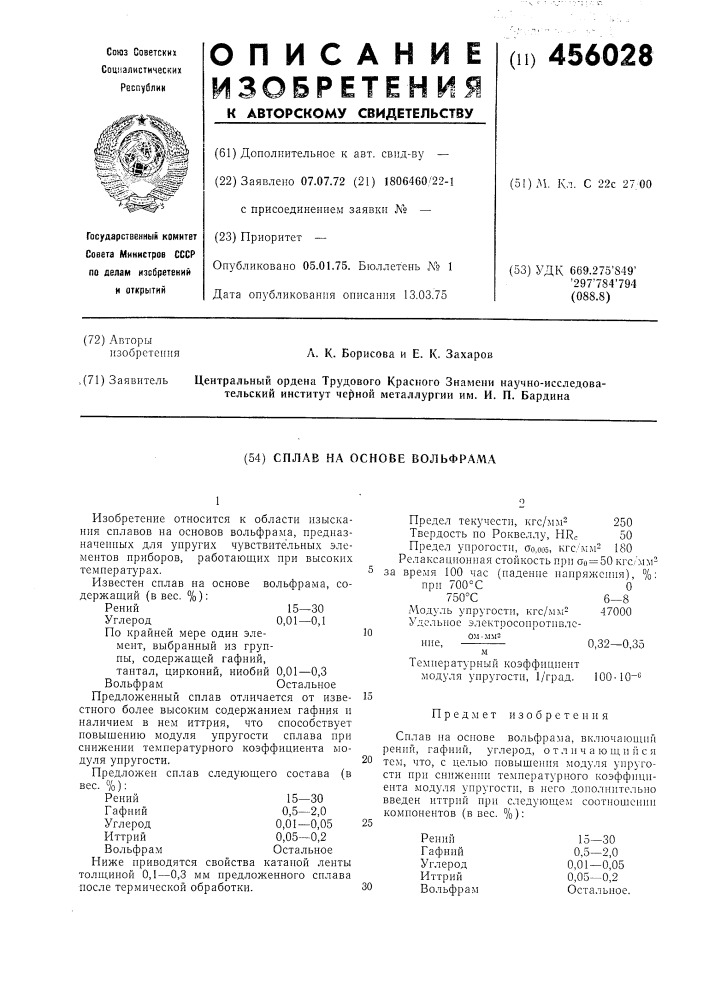 Сплав на основе вольфрама (патент 456028)