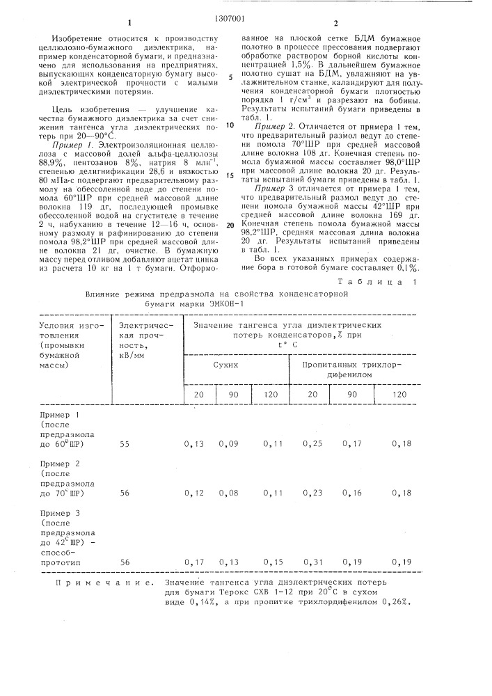 Способ изготовления бумажного диэлектрика (патент 1307001)