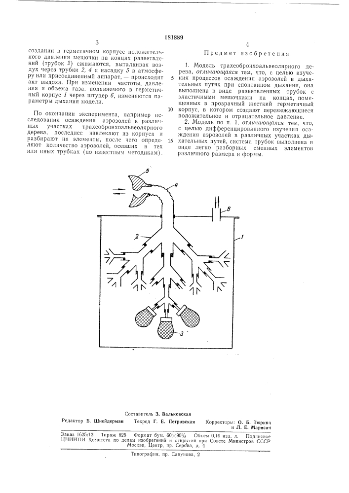 Модель трахвобронхоальвеолярного дерева (патент 181889)