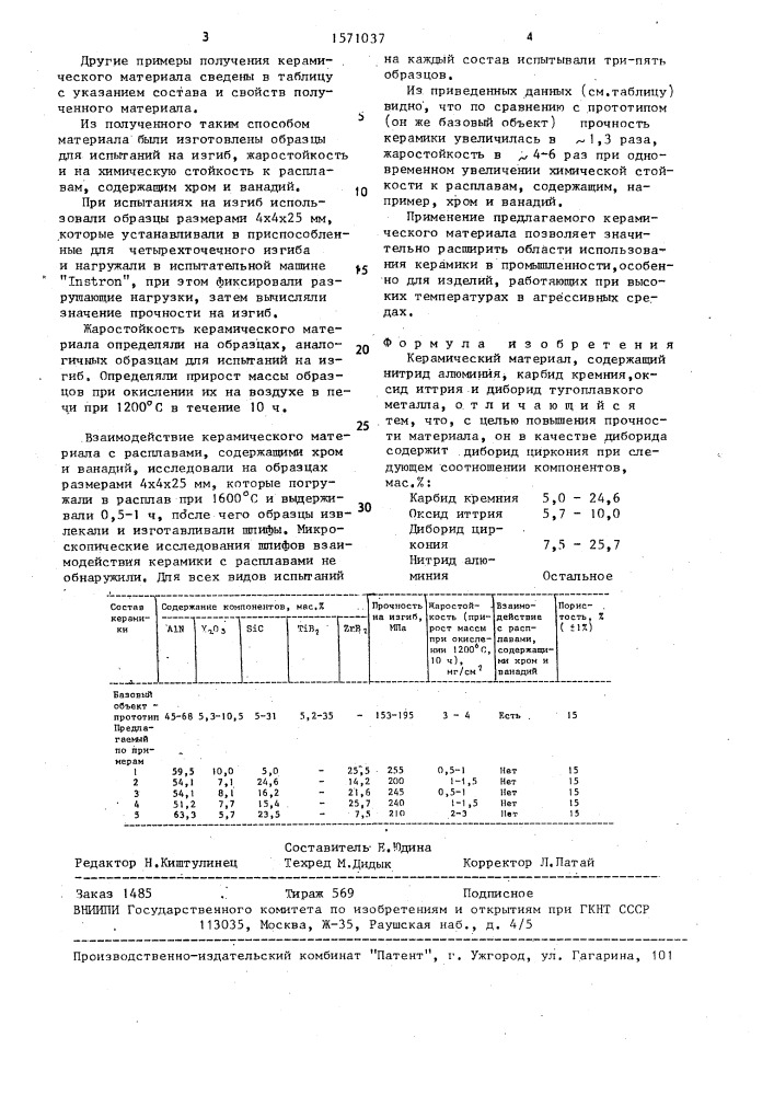 Керамический материал (патент 1571037)