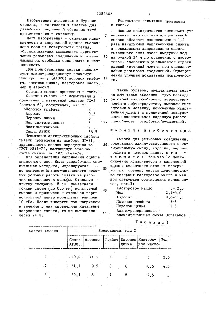 Смазка для резьбовых соединений (патент 1384602)