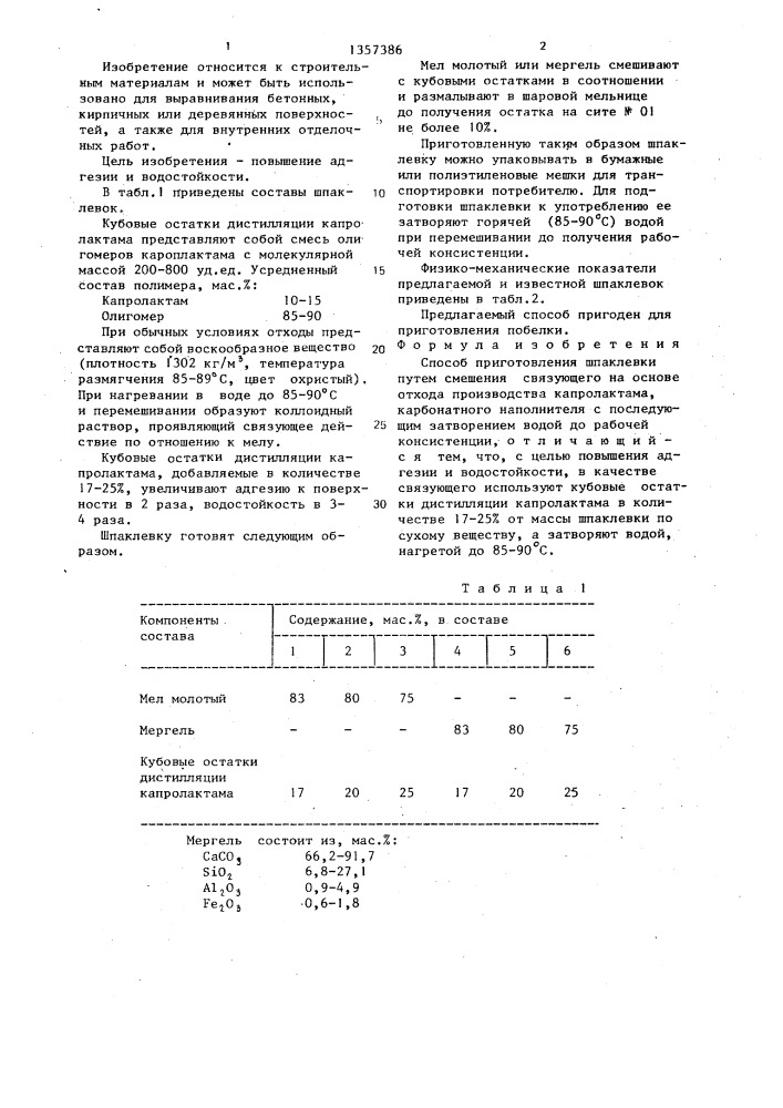 Способ приготовления шпаклевки (патент 1357386)