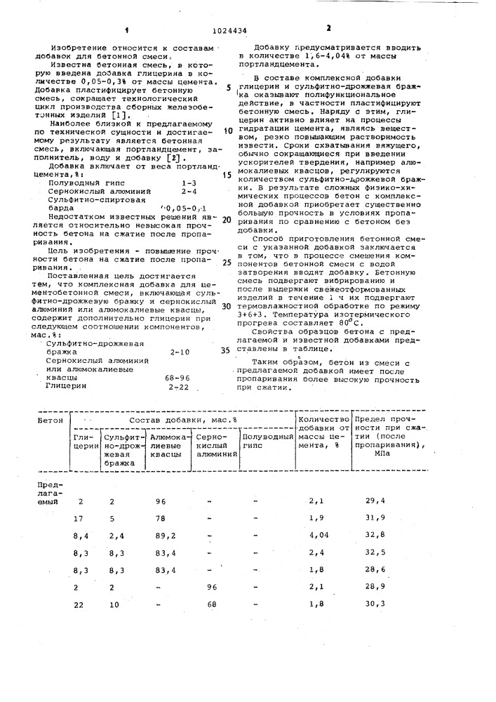 Комплексная добавка (патент 1024434)