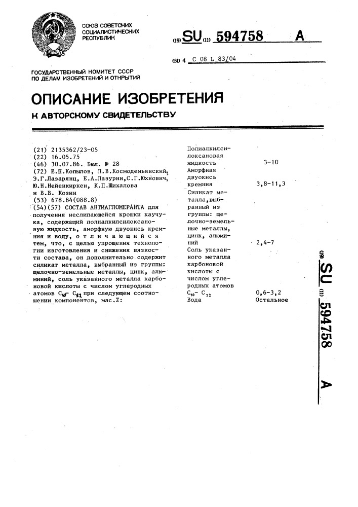 Состав антиагломеранта (патент 594758)