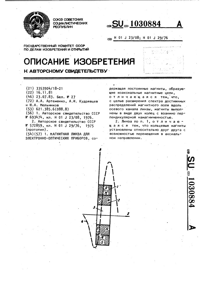 Магнитная линза для электроннооптических приборов (патент 1030884)