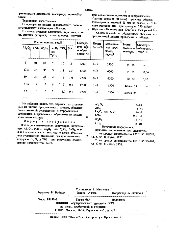 Шихта для изготовления огнеупоров (патент 881074)