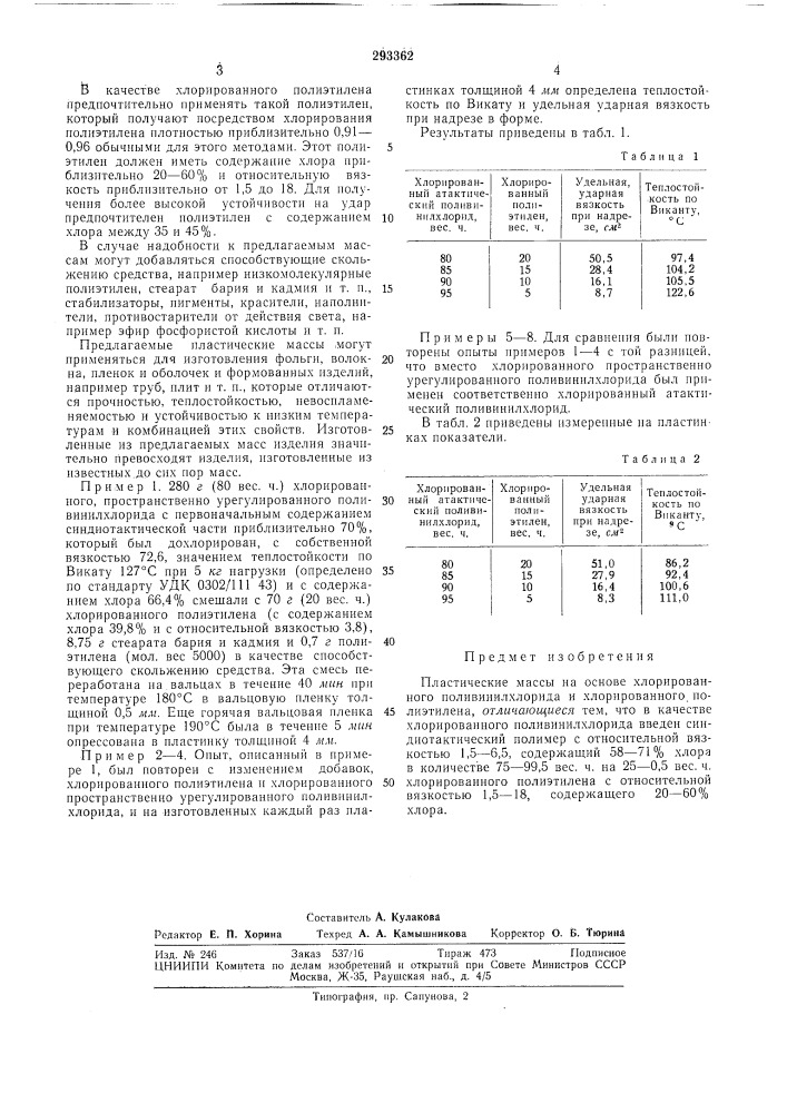 Пластические массы на основе хлорированного поливинилхлорида и хлорированного полиэтилена (патент 293362)
