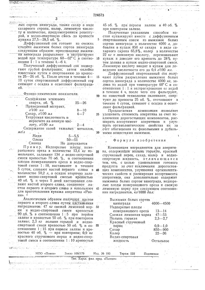 Композиция ингредиентов для аперитива "риони" (патент 724573)