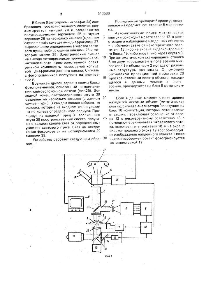 Устройство для поиска и считывания изображения митотических клеток на препарате крови (патент 513588)