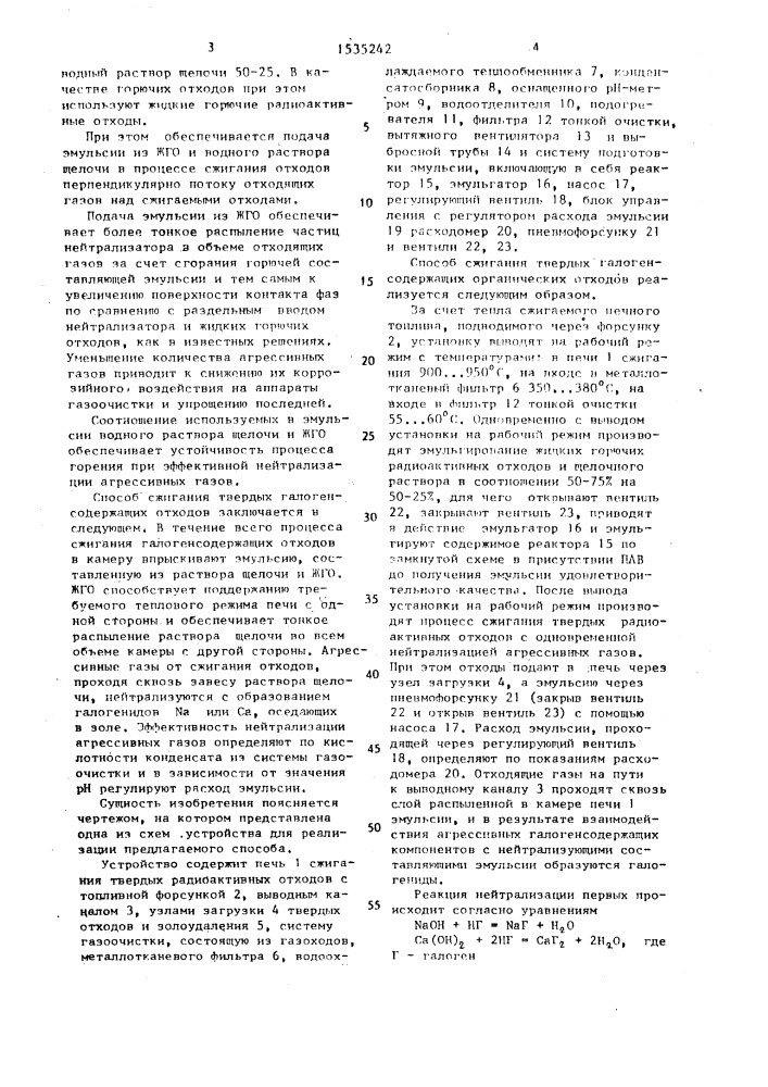 Способ сжигания твердых галогенсодержащих органических отходов, в том числе и радиоактивных (патент 1535242)