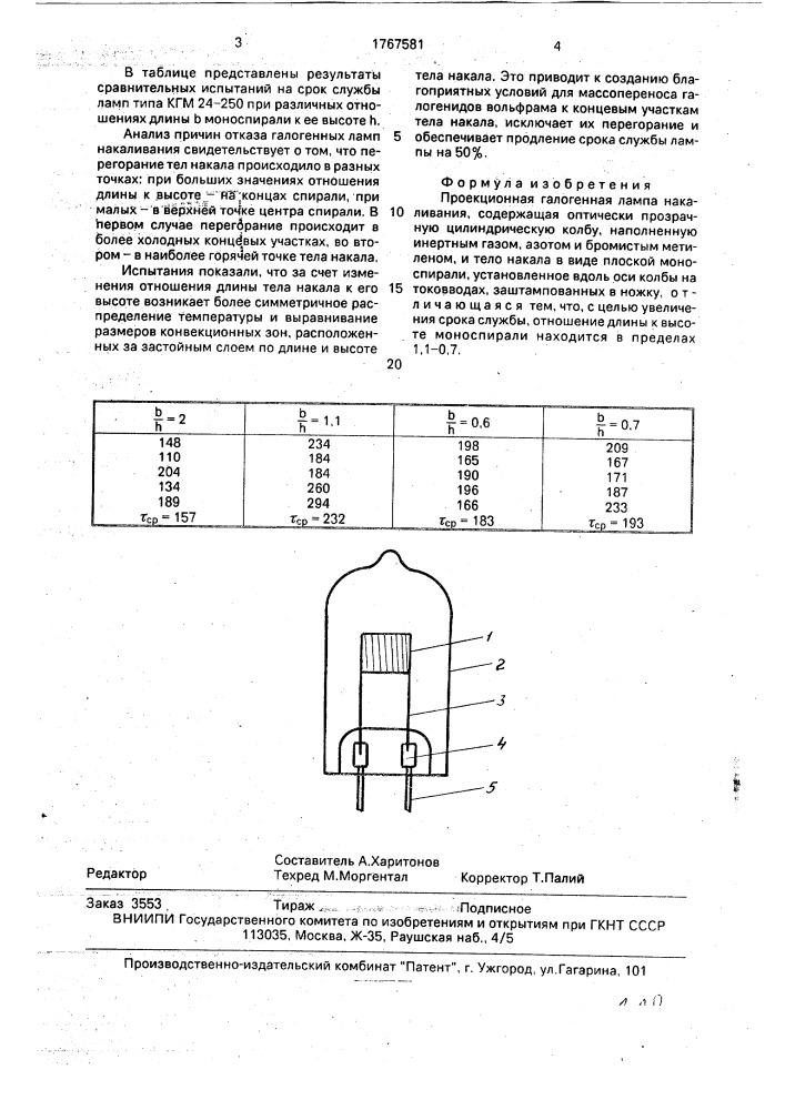 Проекционная галогенная лампа накаливания (патент 1767581)
