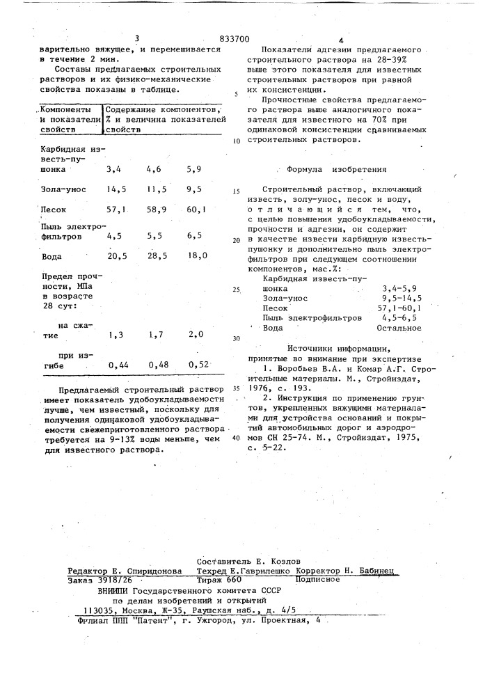 Строительный раствор (патент 833700)