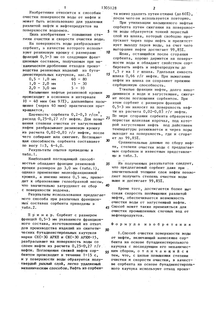 Способ очистки поверхности воды от нефти (патент 1305128)