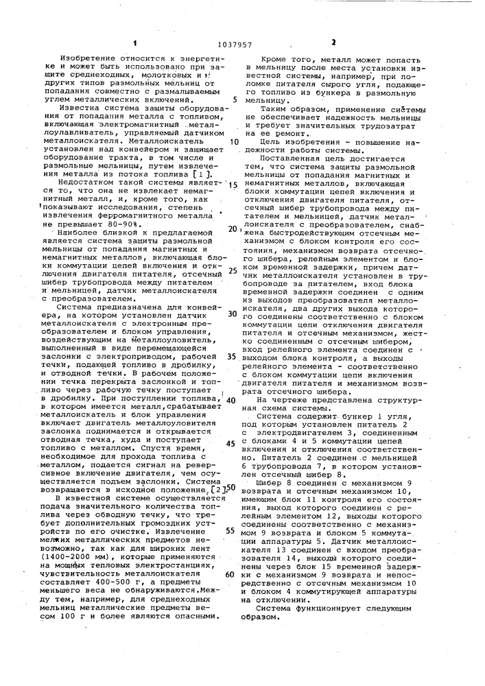 Система защиты размольной мельницы от попадания магнитных и немагнитных металлов (патент 1037957)