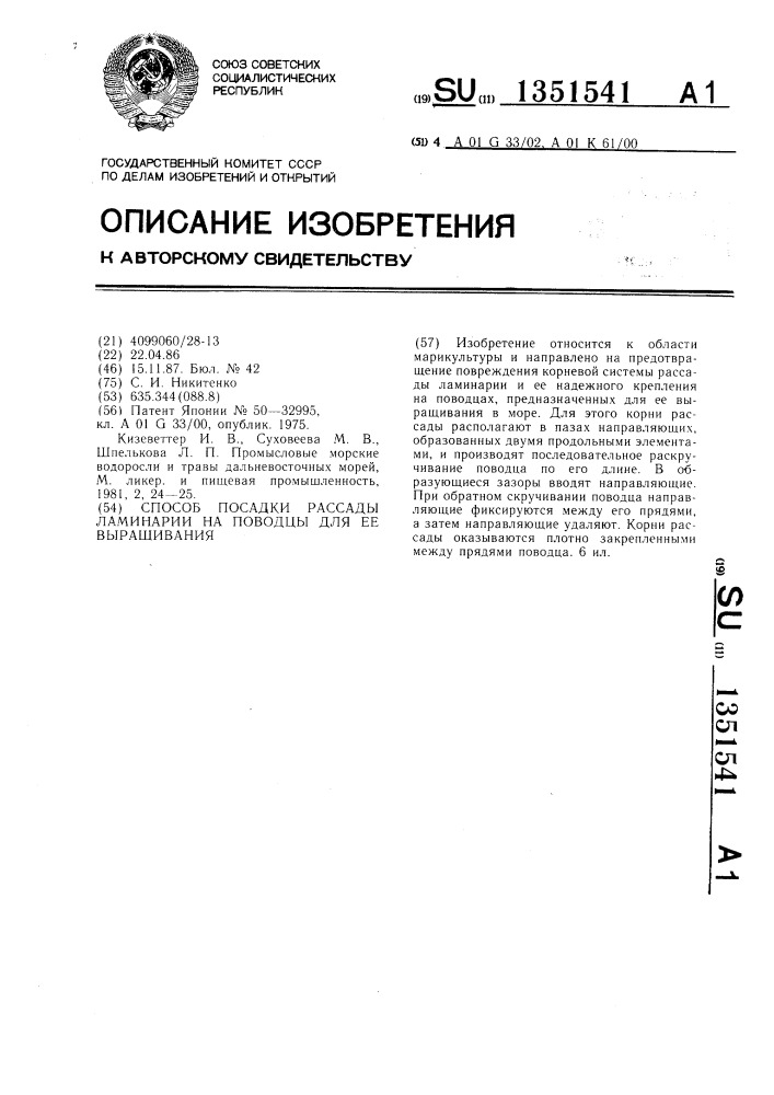 Способ посадки рассады ламинарии на поводцы для ее выращивания (патент 1351541)