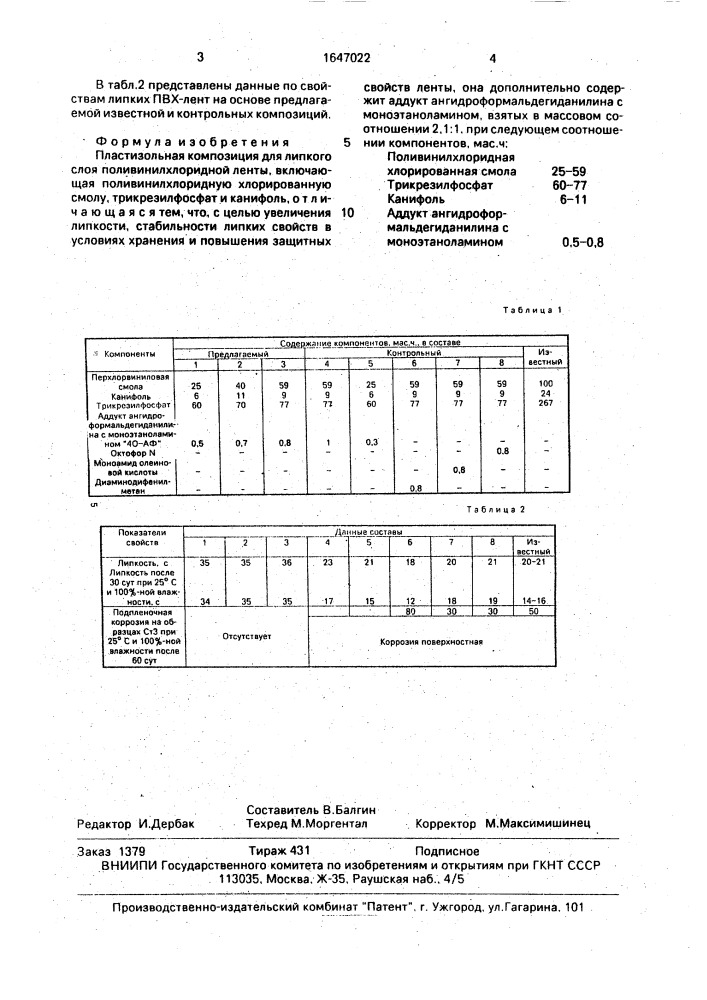 Пластизольная композиция для липкого слоя поливинилхлоридной ленты (патент 1647022)