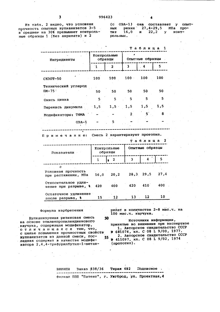 Вулканизуемая резиновая смесь (патент 996423)