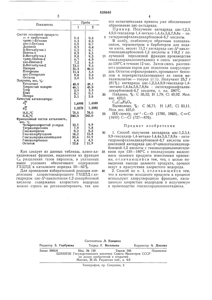 Способ получения ангидрида цис-1,2, 3,4,9,9-гексахлор-1,4- метано-1,4,4а, 5,6,7,8,8а-октагидронафталиндикарбоновой-6,7 кислоты (патент 438640)
