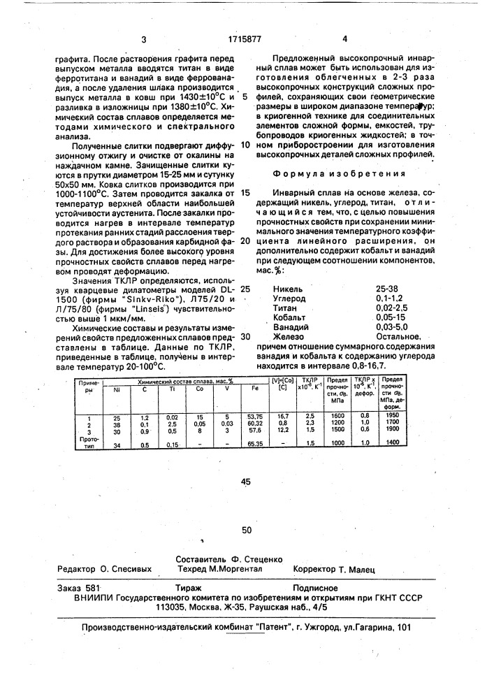 Инварный сплав на основе железа (патент 1715877)