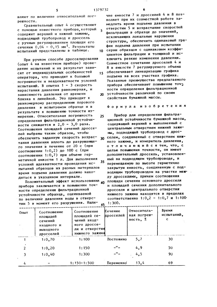 Прибор для определения фильтрационной устойчивости бумажной массы (патент 1379732)