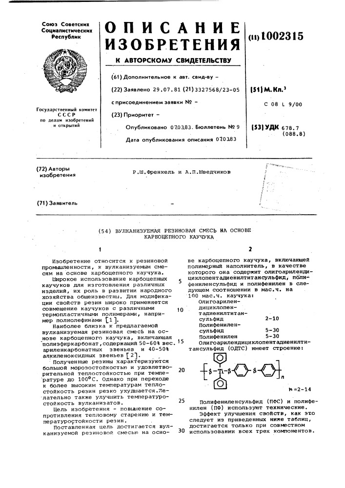 Вулканизуемая резиновая смесь на основе карбоцепного каучука (патент 1002315)