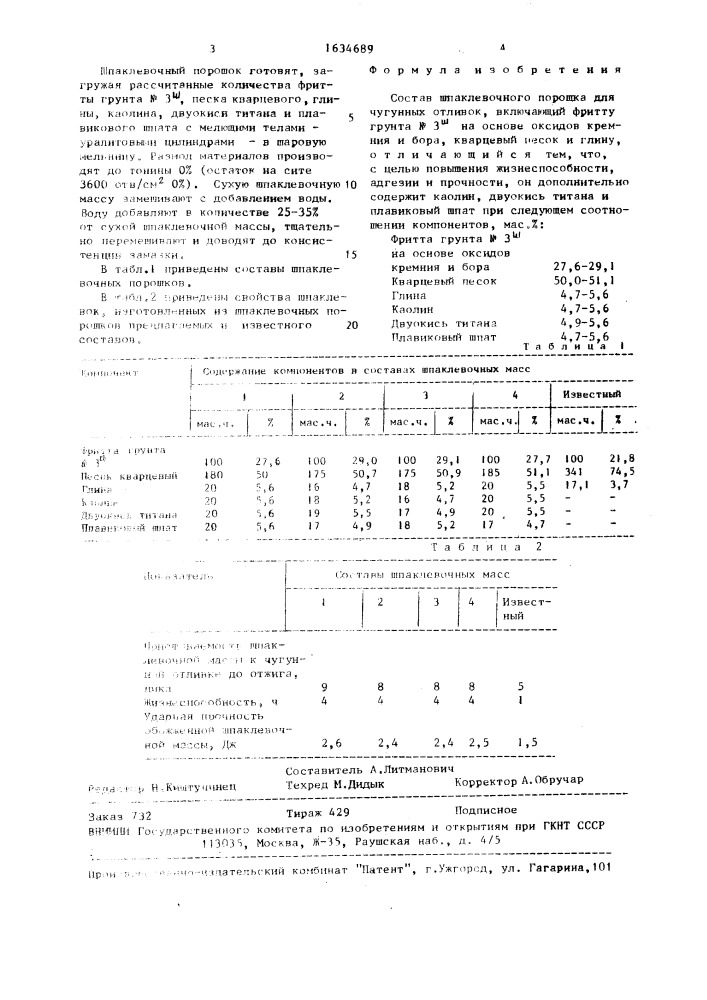 Состав шпаклевочного порошка для чугунных отливок (патент 1634689)