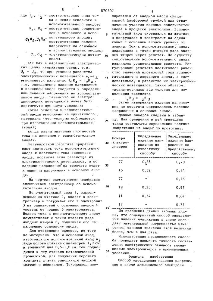 Способ определения падения напряжения в аноде алюминиевого электролизера (патент 870507)