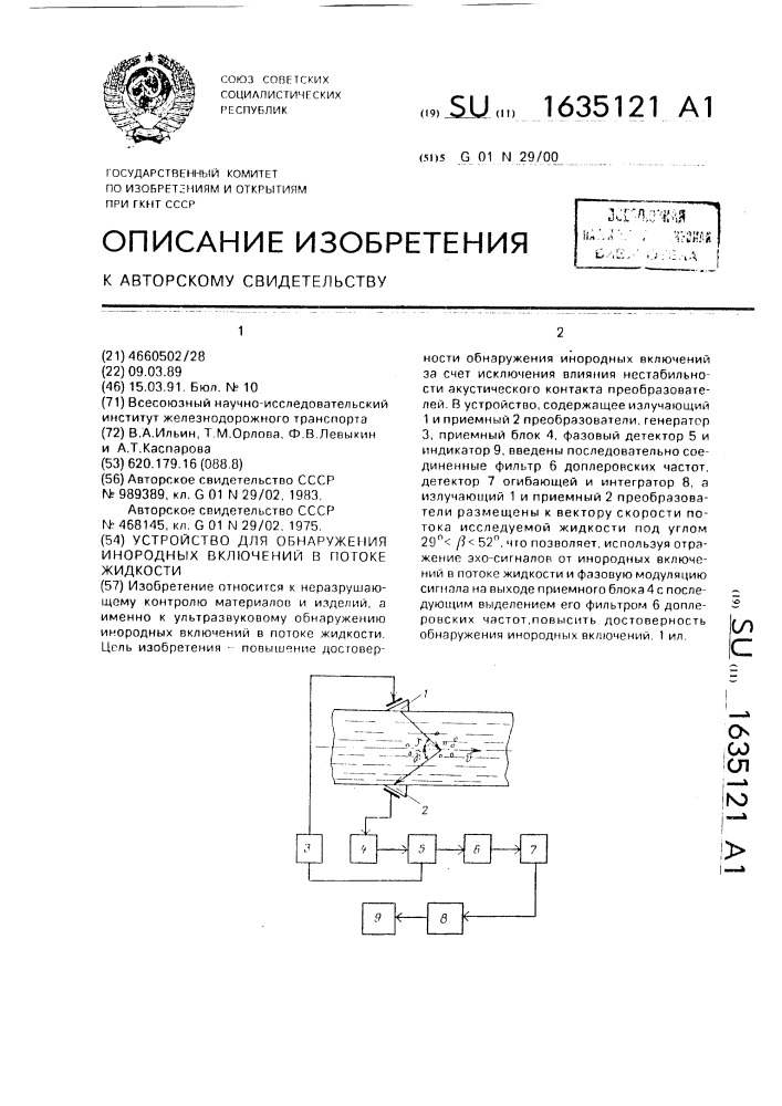 Устройство для обнаружения инородных включений в потоке жидкости (патент 1635121)