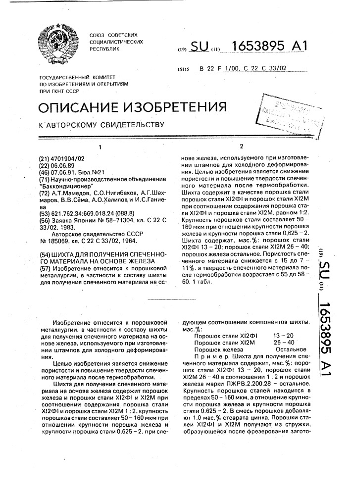 Шихта для получения спеченного материала на основе железа (патент 1653895)