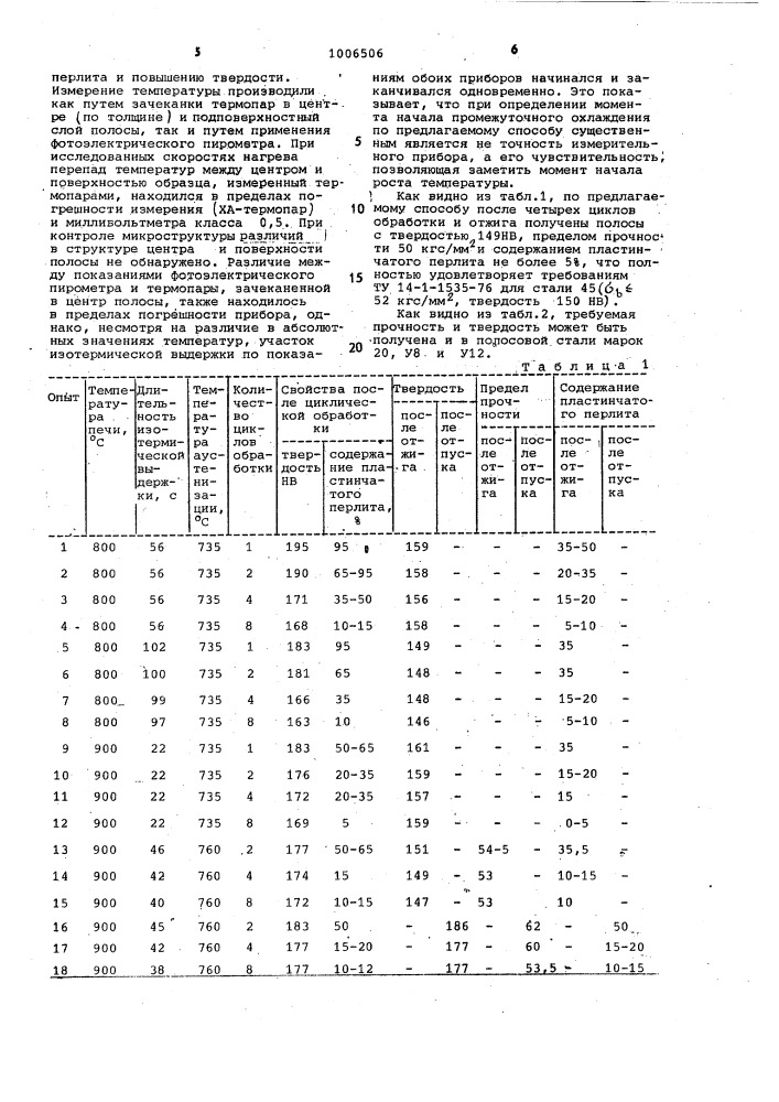 Способ термоциклической обработки полосового проката из углеродистых сталей (патент 1006506)