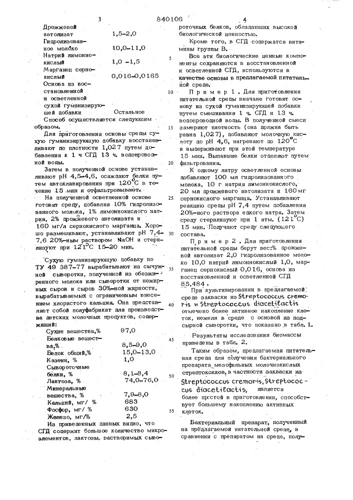 Питательная среда для приготовления бактери-ального препарата мезофильных молочно-кислых стрептококков (патент 840106)